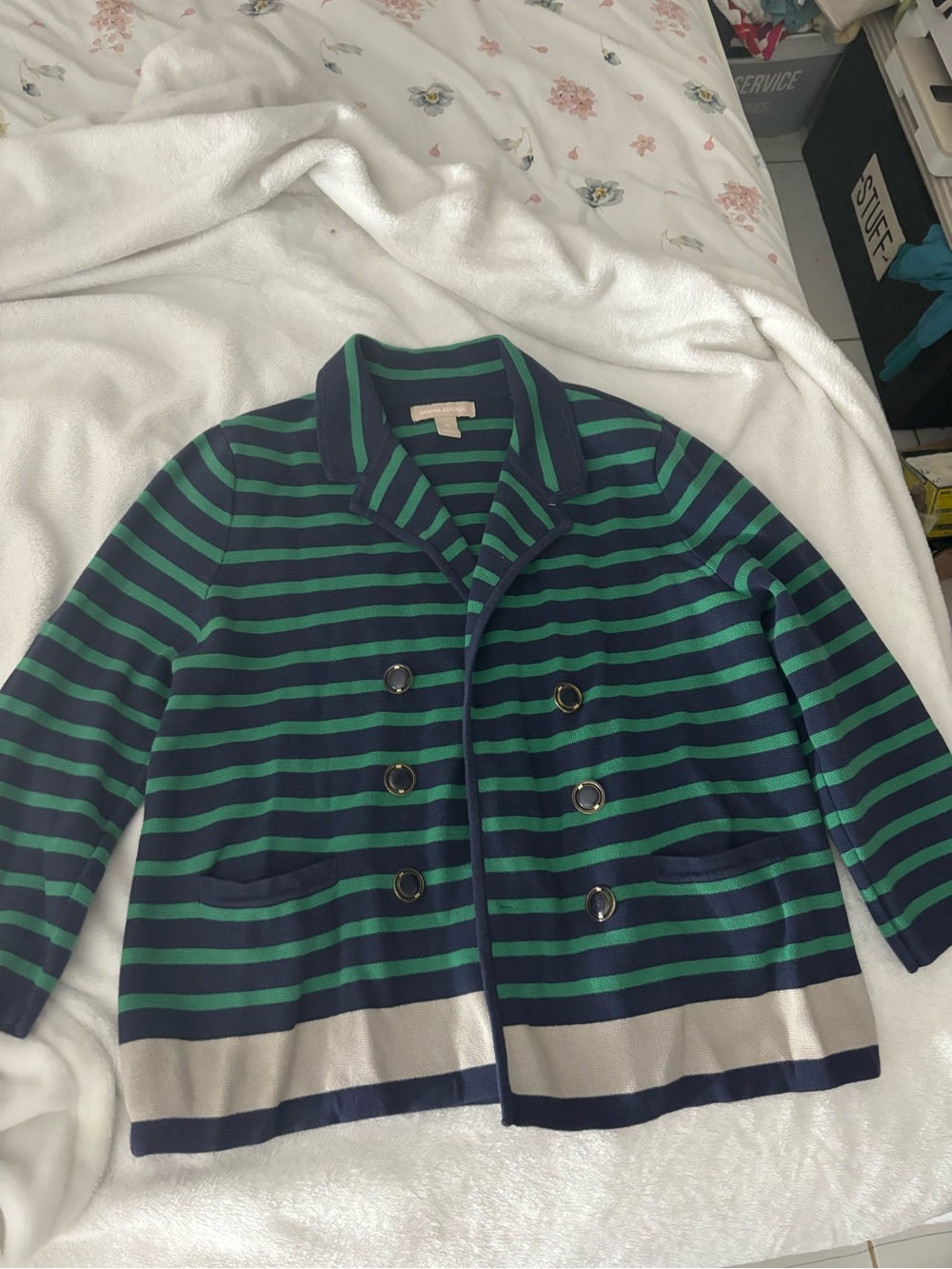 Women’s Navy and Green Striped Double-Breasted Jacket